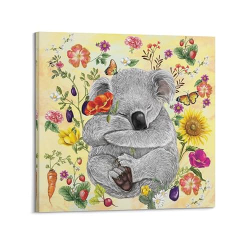 Poster sur toile koala décoration murale fleurs et légumes tableau carré 50x50 cm