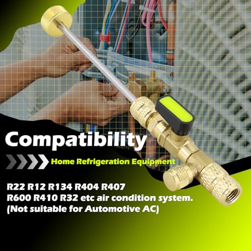 Image of Valve Core Remover Installer Tool with Dual Size SAE 1 /4 inch & 5 /16 inch Port Brass Adapter Compatible with R22 R12 R407 R410 R404 R32 R600 home refrigeration equipment