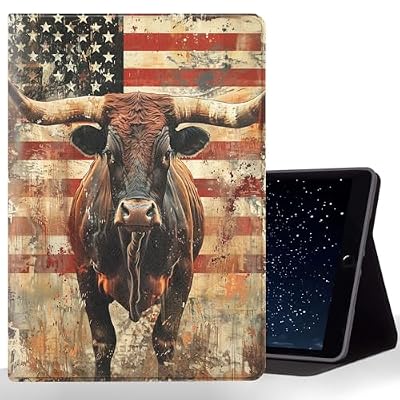 CMZLFHKO Tablet Case for Samsung Galaxy Tab S10 FE/ S9 FE 5G 10.9 Inch/Tab S9 11 Inch,Shockproof Protective Cover with Stand,Auto Wake/Sleep,American Flag Longhorn Cow