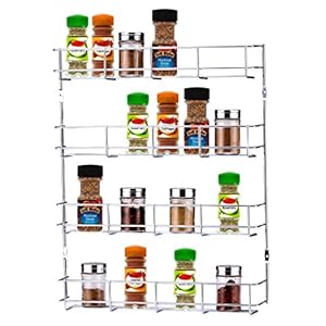 Buckingham 4 Tier Back of Cupboard Door Spice Jar and Packet Rack-Wall Mounted Shelf Organiser, Metal, Chrome, Premium Quality