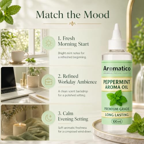 Image of AROMATICO Pure Peppermint Aroma Diffuser Oil with Long-Lasting Fragrance - 100ml. Fragrance Oil for Homes, Offices & Showrooms. Ideal for Diffusers, Reed Diffusers, Air-Purifiers & Candles