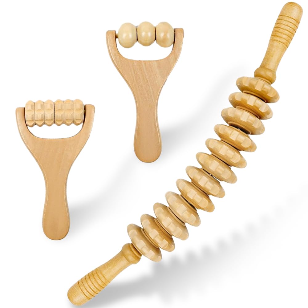 Uoimky Lot de 3 rouleaux de massage en bois avec poignée - Anti-cellulite - Pour le dos, les jambes, le cou, la cellulite - Relaxation musculaire