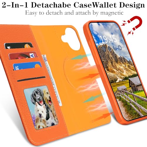 Image of Detachable Genuine Leather Case for iPhone 16 Wallet Case Magnetic 2in1 Removable Flip Cover Book Purse Compatible with Magsafe Charging Kickstand Card Holder-Orange