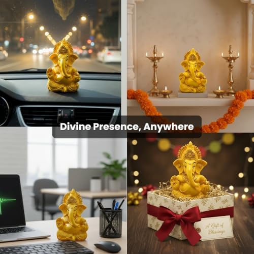 Image of VAMA Ganesh Idol for Car Dashboard Siddh at Chintamani Ganesha Temple, Ujjain | Lord Ganesha Idol for Car | Ganesh Murti | Ganpati Idol for Home Decor, Office Desk, Mandir and Gift 3.5 Inches (Yellow)