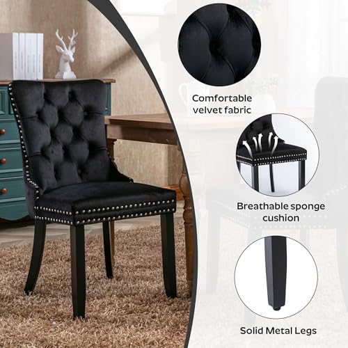 Image of 5-Piece Dining Table Set with 47In Faux Marble Table and 4 Velvet Upholstered Chairs, Modern Scandinavian Furniture for Dining Room Kitchen(Black)