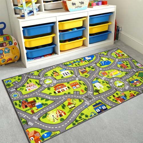 Image of STARUIA Kids Carpet Playmat Rug, 60" x 32"Ultra Non-Slip Car Rug Play Mat Learn and Have Fun Educational City Road Car Mat for Kids Toy Cars, Washable Boy Room Rugs for Playroom Bedroom Nursery