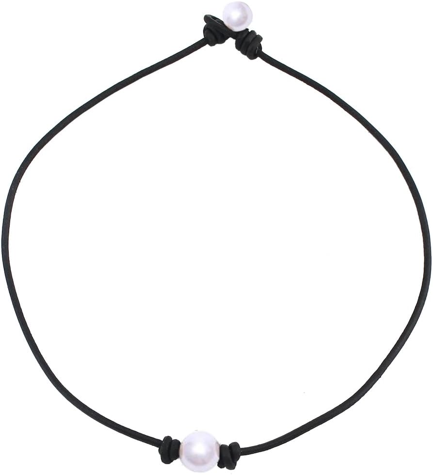 Single Cultured Freshwater Pearl Leather Choker Necklace on Black Leather Cord for Women Handmade
