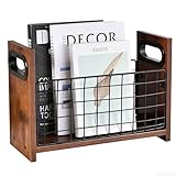 YuLiMirich Zeitschriftenhalter und Ständer aus Holz, Zeitschriftenständer Retro-Stil, Brauner Netz-Aufbewahrungskorb, Zeitungsständer Holz für Bücher, Zeitungen, Akten