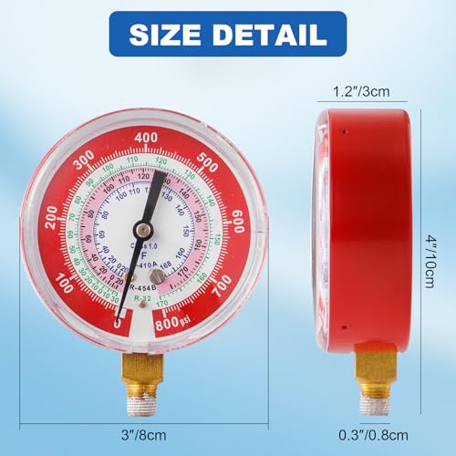Image of A2L Manifold Gauge, R454B Red High Pressure Gauge, 1 /8 inch Male NPT (80 mm) Refrigerant Pressure Gauges for R-454B R-32 R410A HVAC System, 800 PSI (Red)