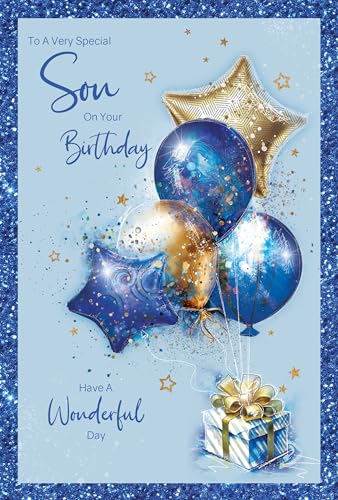 Cherry Orchard Special SON Birthday Card Gold & Blue Balloons finished with Foil Text & Border complete with envelope