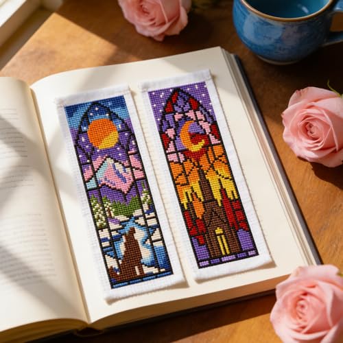 Image of ACRNIGHEET 6PCS Cross Stitch Kits Stamped Cross Stitch Bookmark Kit for Beginner Adults Window View DIY Embroidery Bookmark Kit Needlepoint Kits with Instructions Book Lovers Craft Gift 8.5''x3'' 11CT
