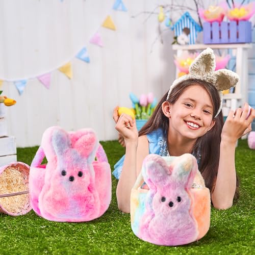 Image of 2Pcs Easter Fluffy Bunny Basket - Soft Plush Basket Hunting Egg Candy Reusable Tote Bags for Easter Spring Party Decorations Supplies Baby Shower - 11.8 x 9.8 inch