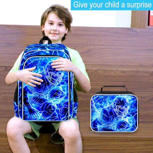 Image of 3Pcs Football Backpack for School, Kids Boys Lightning Bookbag with Lunch Box, 17 inch Backpacks for Elementary Preschool Kindergarten (Blue)