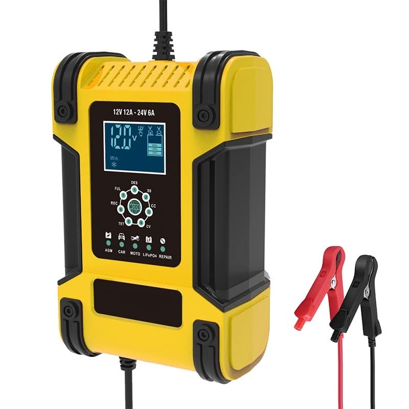 LadegeräT Autobatterie 12V 24V Große Leistung 12A Universal-Autobatterie-Ladegerät Batterieladegerät-Betreuer BatterieladegeräT Kfz (Color : Yellow)