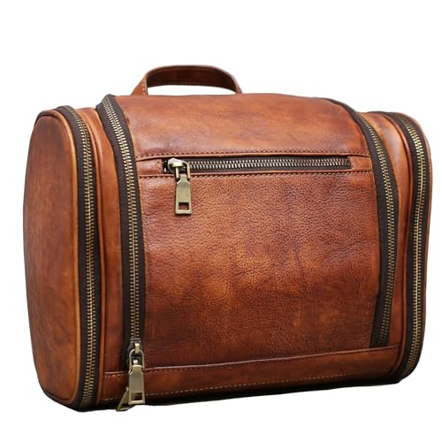 Toiletry Bag For Men, Genuine Leather Toiletries Organizer, Large Travel Hanging Toiletry Bag Water-resistant Bathroom Shaving Kit for Cosmetics, Makeup Case Travel Dopp Kit