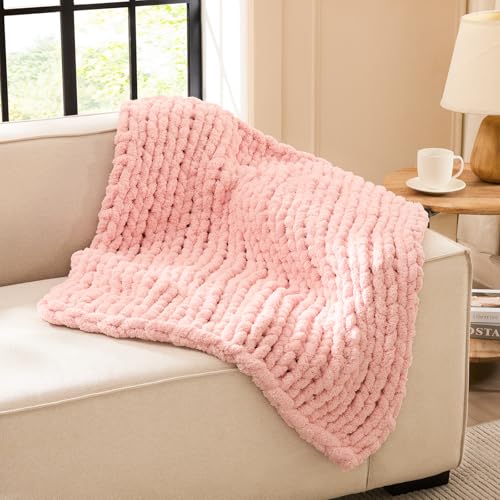 Image of L'AGRATY Chunky Knit Throw Blanket for Couch, 30'' x 40'' Knit Throw, Pink