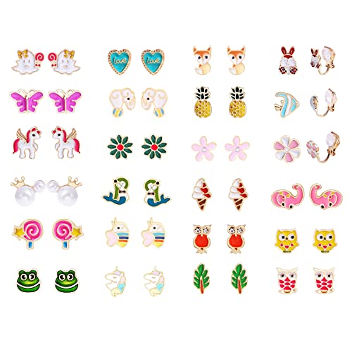 24 Pairs Clip On Earrings For Girls Women Teen Cute Animal Butterfly Flower Colorful Hypoallergenic Non Pierced Fake Earring (#Style 02) #TOP7