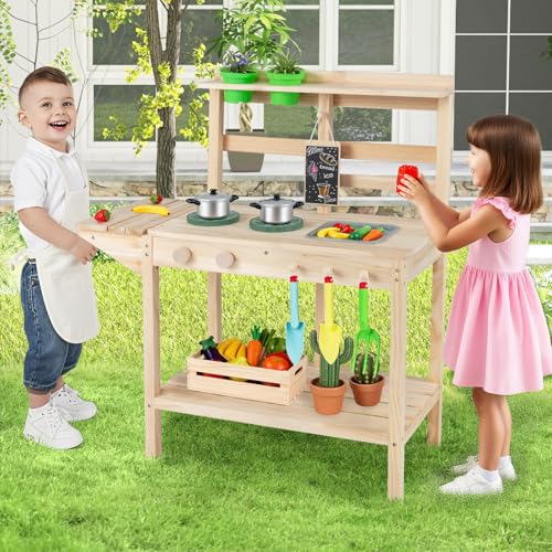 Costzon Mud Kitchen, Solid Wood Potting Bench w/2 Flowerpots, Blackboard, Sink, 2 Stoves, Outdoor Pretend Play Set for Toddlers 3+ Years, Mud Kitchen for Kids Outdoor, Gift for Girls & Boys - Image 2