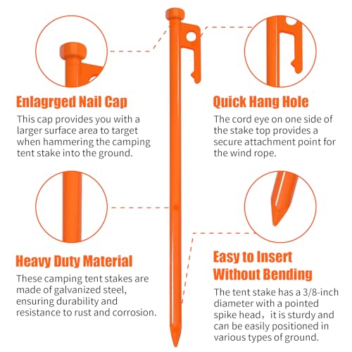 Image of Eurmax USA 8-Pack Secure Protection Galvanized Tent Stakes,Rust-Proof Steel Canopy Anchors for High Winds,Heavy Duty Commercial Ground Pegs for Camping,Pop Up Tent&Gazebo -Includes 4x10ft Ropes,Orange