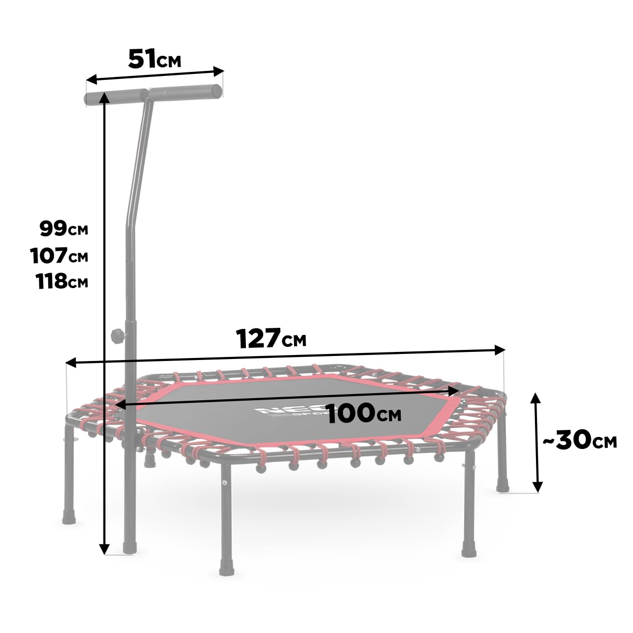 Neo-Sport Trampolino fitness piccolo con manico regolabile in altezza mini trampolino per salto per adulti diametro da 127 cm a 100 kg mini rampolino per interni ed esterni