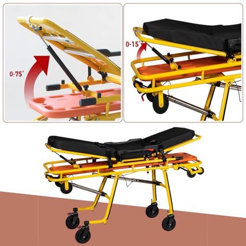 Automatic Loading Ambulance Stretcher Foldable Gurney Bed with Spine Board Stretcher Lightweight Aluminum Frame Medical Transport Gurney with Pulleys Guardrails 440 Lbs Capacity