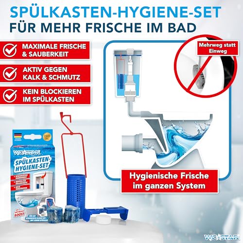 WC-Star Nachfüll-Set für Sauberkeit und Frische vom Spülkasten bis ins WC | 8 blaue Aktiv-Frische-Tabs und 4 Anti-Kalk-Boost Steine | Frische und Reinheit ohne blockierte Wasserzuläufe