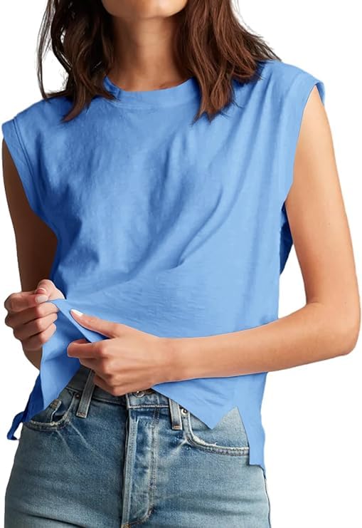 Fisoew Damska koszulka bez rękawów, tank top, na lato, okrągły dekolt, jednokolorowa koszulka basic