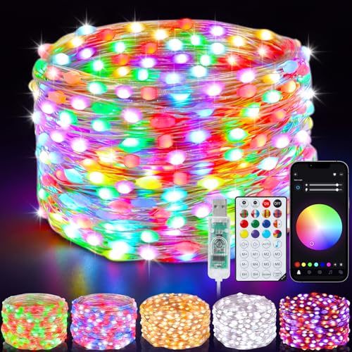 Smart Fairy Lights 33Ft 100 LED Twinkle String Lights with Remote & APP Control, Color Changing USB Christmas Tree Lights Music & Mic Sync for Christmas Bedroom Holiday Party Decor