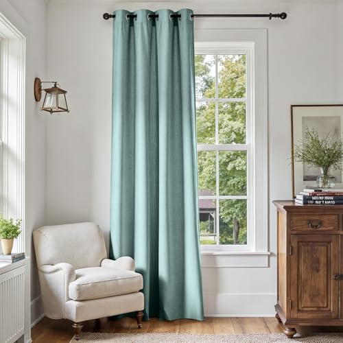 JINCHAN Linen Textured Curtains for Living Room Darkening Bedroom Curtains Thermal Insulated Curtains Living Room Linen Look Curtains Window Drape Single Panel, W52 x L90, Aqua Blue Curtains
