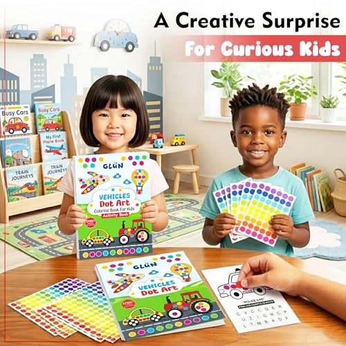 Image of GLUN Vehicles Dot Art Sticker Activity Book, 28 Pages for Kids 3-6 Years | 1750+ Colorful Stickers | Cars, Trucks, Letter Recognition & Fine Motor Skills Activities