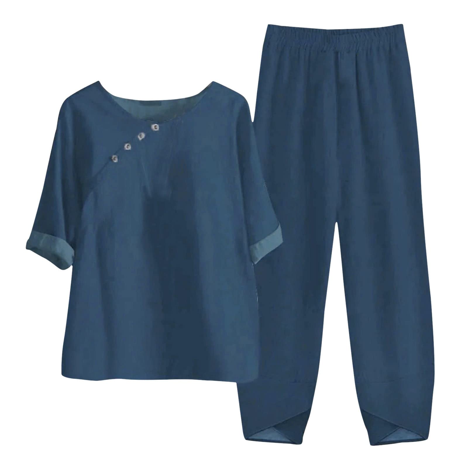 Generisch Conjunto de dos piezas de verano para mujer, tallas grandes, camiseta y pantalones de media manga, conjuntos de 2 piezas, cuello redondo, traje de casa curvy, cómodo, informal, de dos piezas, para