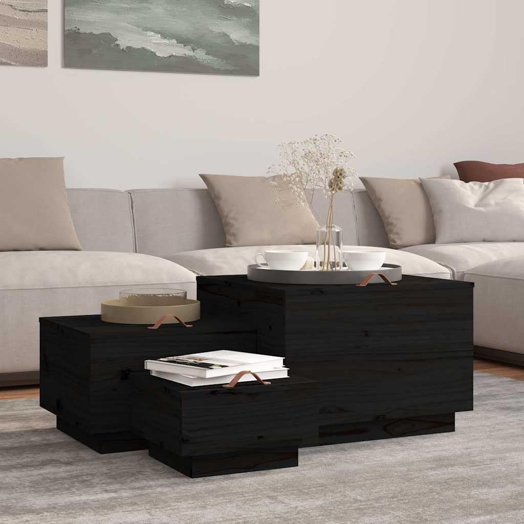 Juego de 3 cajas de almacenamiento con tapa, madera de pino, color negro