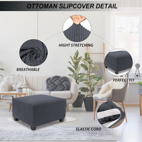 Image of NeColorLife Stretch Ottoman Cover Square Oversized Soft Knitted Jacquard Thick Covers for Large Square Ottoman Storage Stool Furniture Protector Dark Grey X-Large