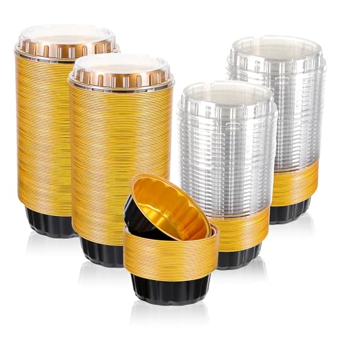 100 Pack 8 oz Disposable Ramekins with Lids, Creme Brulee Dessert Cupcake Ramekin Aluminum Foil Cup, Black Gold Aluminum Foil Cups, Cupcake Containers for Wedding, Kitchen, Party, Graduation