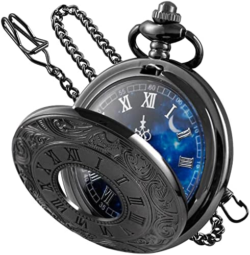 Tiong Pocket Watch Hollow Blue Star Design Roman Numerals Pocket Quartz Watches with Chain Christmas Birthday Gifts for Men Women