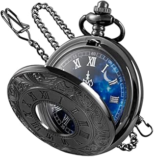 Tiong Pocket Watch Hollow Blue Star Design Roman Numerals Pocket Quartz Watches with Chain Christmas Birthday Gifts for Men Women