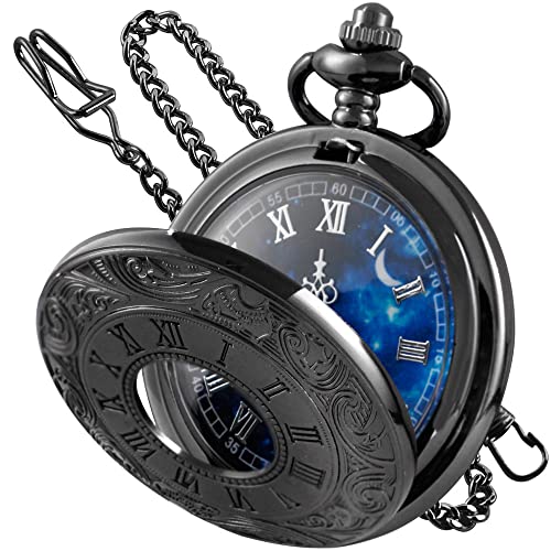 Tiong Roman Numerals Scale Pocket Watch Blue Starry Night Moon Dial Men Pocket Watch With Chain Christmas Graduation Birthday Gifts Fathers Day #TOP6