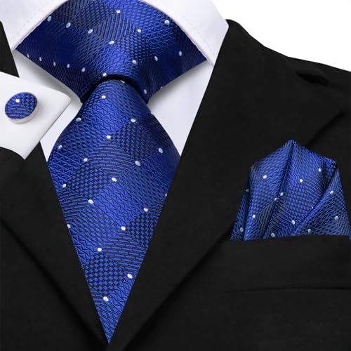Image of Hi-Tie Mens Plaid Ties Classic Paisley Necktie with Handkerchief Cufflinks Set Business Stripe Tie