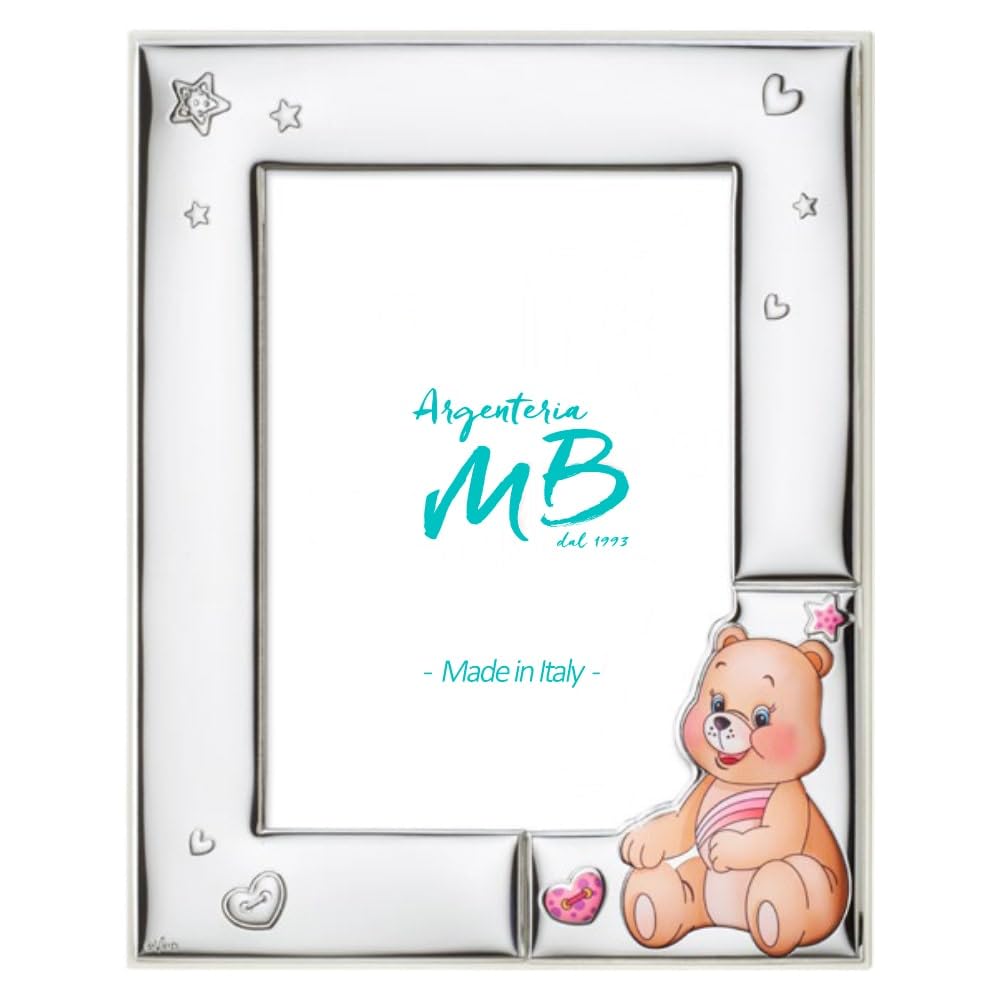 Cornice 13x18 Portafoto per la Nascita di Una Bambino o di Una Bambina Personalizzabile con Incisione del Nome, della Data o di Una Dedica, Realizzato in Argento PVD con Orsetto Rosa