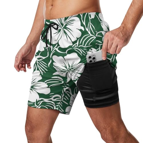 Hawaiian Floral Green Hawaii Flowers Beach Shorts for Men Swim Trunks Quick Dry Swim Shorts with Compression Liner Pocket2