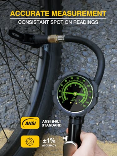 Image of Bike Tire Inflator with 230 PSI Dual-Scale Glow Analog Pressure Gauge, Universal Presta & Schrader Locking Air Chuck for Air Compressor, 360 Swivel Hose, Brass Chuck, Inflation Kit with Storage Case