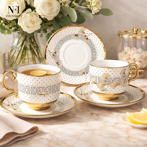 Image of NFI essentials Ceramic Cup & Saucer Set of 6 Pcs, Tea /Coffee Cup, Microwave & Dishwasher Safe, Premium Mug Perfect for Daily Use, Office, Gifting Elegant Golden Color Design 200ML