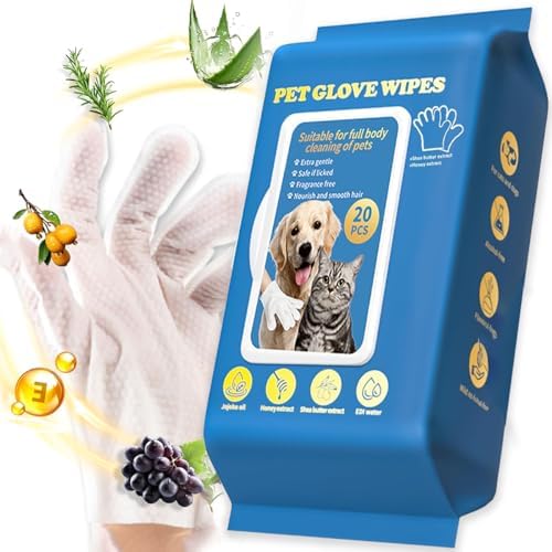 Dog Cat Cleaning Gloves, Cleaning and Deodorizing Gloves, Dog Cat Hair, Face, Ear, Eye and Paw Cleaners, Pet Grooming Wipes, Nourishing Fur (20