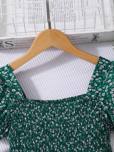 Image of Seechoslo 2025 Tween Girls' Cute Short Sleeve Square Neck Smocked Elastic Short Sleeve Woven Shirt Top