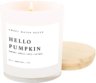 Sweet Water Decor Hello Pumpkin Candle - Fall Soy Candles with Pumpkin, Warm Spices, Vanilla and Buttery Pie Crust - Pumpkin Candles for Home with 50 Hours Burn Time - 11oz Wood Lid White Jar Candle