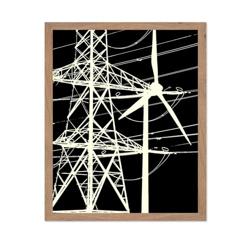 Monem Art Monochrome Wind Turbine Silhouette Print - Modern Industrial Black and White Energy Poster - Wall Decor for Living Room, Bedroom or Office - 16x20 Beige Framed Wall Art by Petr Strnad
