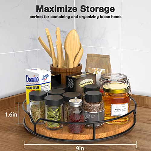 Lazy Susan Turntable Organizer For Cabinet Pantry Kitchen Countertop Refrigerator Cupboard, Pine Wood, 9", Carbonized Black #TOP6