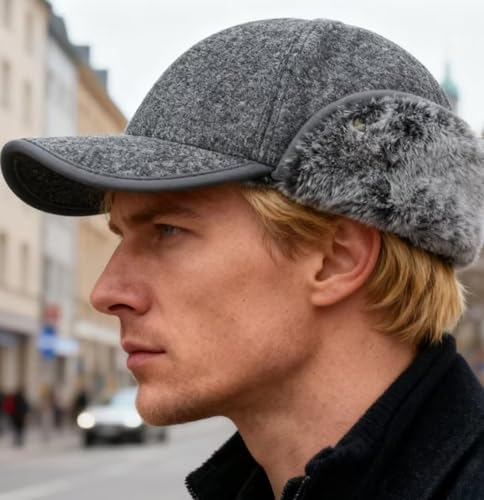 JA DENGIOR Wintermütze Herren Basecap Mit Ausklappbarem Ohrenschutz Outdoor Cap Weiches Innenfutter Schirmmütze