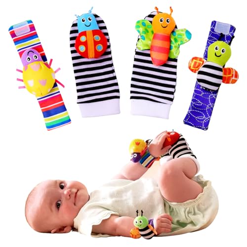 KEQAR 4 Pièces Chaussettes Hochet Bébé, Jouet d&rsquo;Éveil, Bracelet et Chaussettes avec Peluche, Tissu Doux, Chaussettes Hochet Animaux pour Garçons et Filles (0-6 Mois) (A)