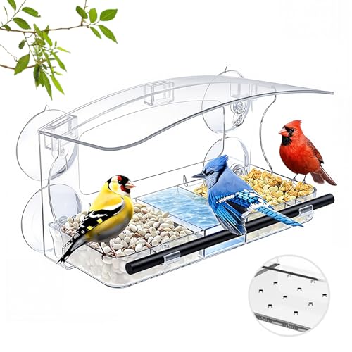 innislink Vogelfutterspender Fenster Transparenter Vogelhaus Fensterscheibe - 25x13x14 cm Fenster Futterhaus mit Saugnäpfen und Sitzstange 3 Fächer Vogelhaus Abnehmbar Futterspender